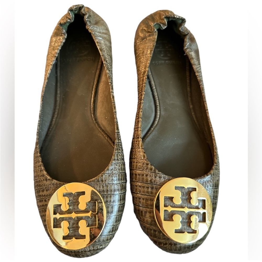Tory Burch Gold Snakeskin Embossed Olive Green Leather Reva Logo Ballerina Flats